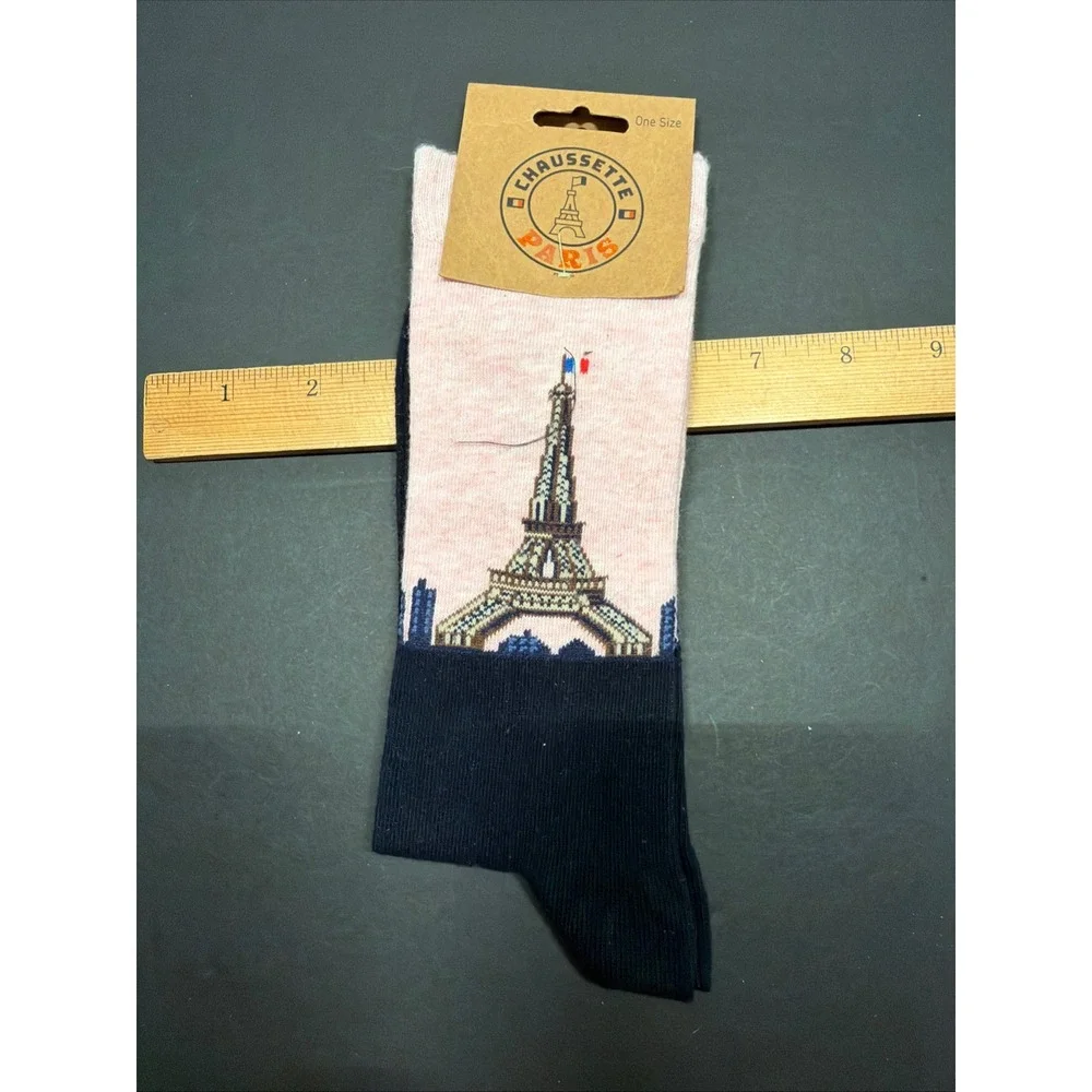 Chaussette Paris Eiffel Tower Pink Navy Blue Cotton Blend Crew Socks One Size